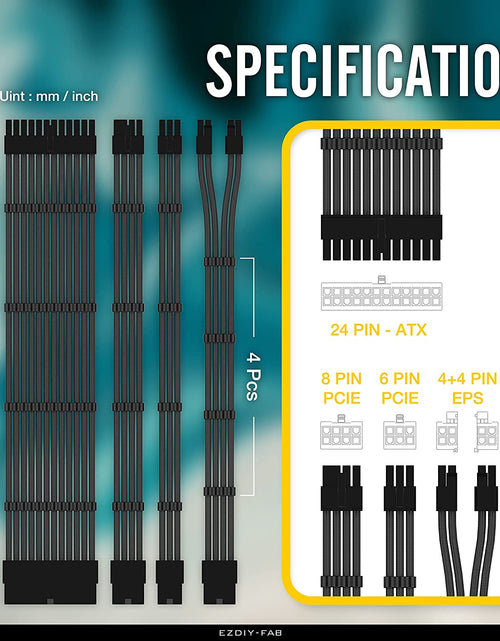 Load image into Gallery viewer, PSU Cable Extension Kit Sleeved Cable Custom Power Supply Sleeved Extension 16 AWG 24-PIN 8-PIN 6-PIN 4+4-PIN with Combs- Black
